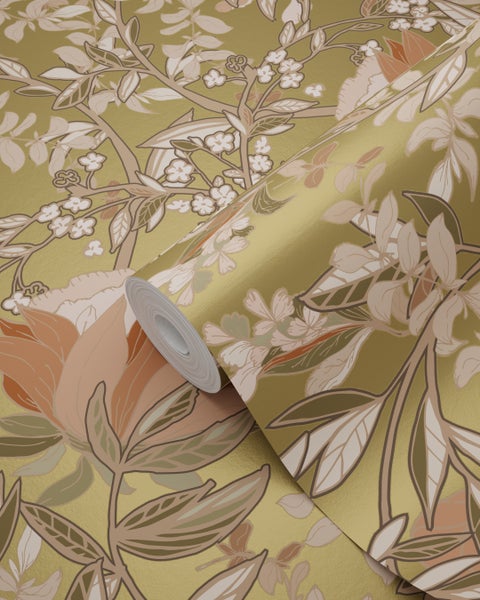 ESTAhome Tapete Blumenmuster im Jugendstil Gold und Terrakottarosa - 53 cm x 10.05 m - 139568