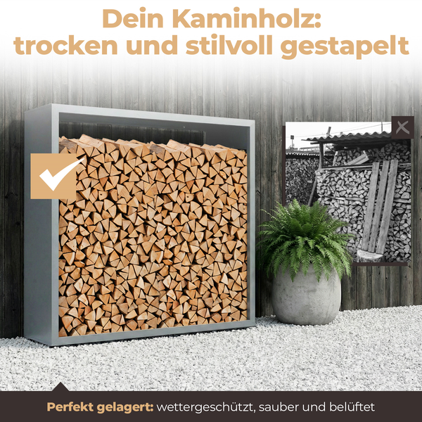 Modernes Kaminholzregal aus Metall mit ordentlich gestapelten Holzscheiten auf weißem Kies vor einer Holzwand, wettergeschützte Lagerung.