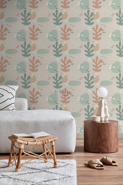 ESTAhome Tapete Koralle Terrakotta, Graugrün und Grau - 50 x 900 cm - 139542