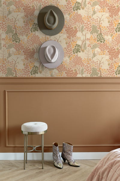 ESTAhome Tapete Bäumen und Blumen Beige, Terrakotta und Grün - 50 x 900 cm - 131186