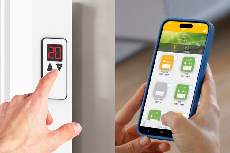 Smartes Thermostat mit digitaler Anzeige, manuell steuerbar und über Smartphone App zur intelligenten Heizungssteuerung.