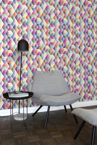 ESTAhome XXL-Vliestapete 3D-Würfel Rosa, Gelb, Grün und Blau - 50 x 900 cm - 158913