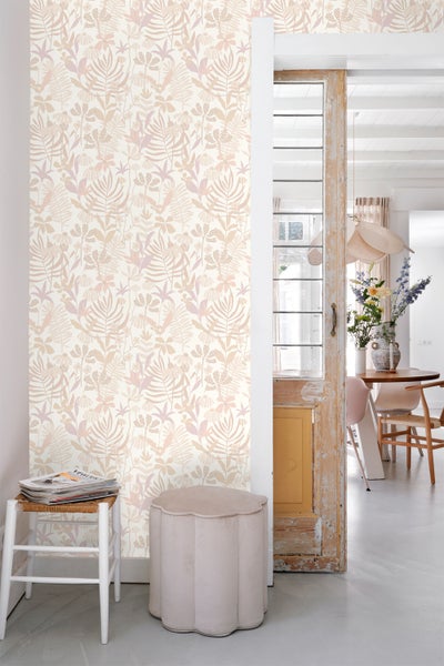 ESTAhome Tapete tropische Blätter und Blüten Beige - 50 x 900 cm - 130995