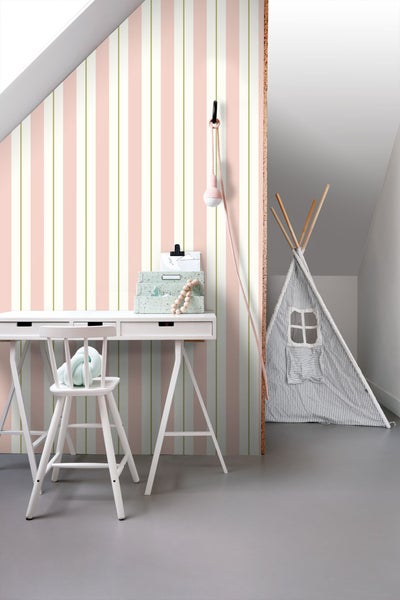 ESTAhome Tapete Streifen Hellrosa und Olivgrün - 50 x 900 cm - 131478