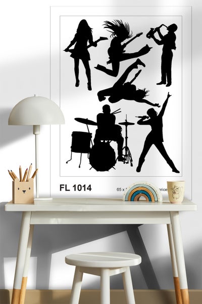 Poster mit Silhouetten von Musikern auf einem Schreibtisch