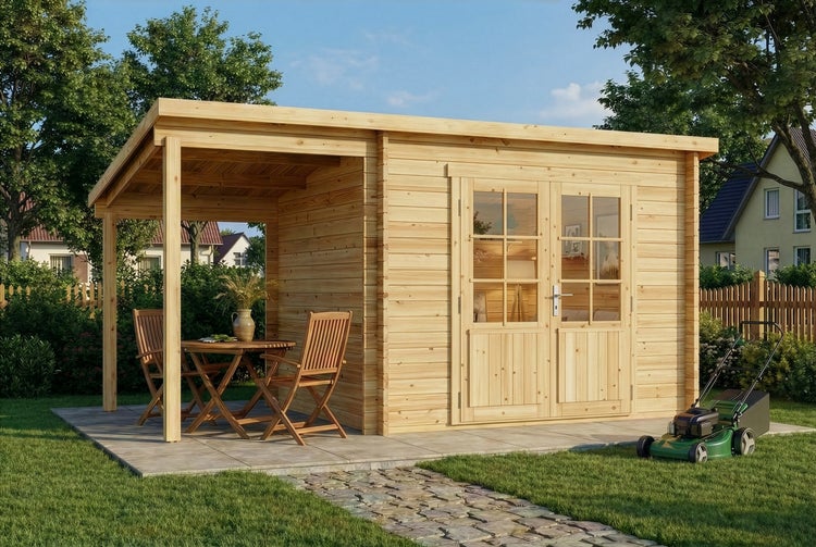 Gartenhaus aus hellem Holz mit Flachdach, Doppeltür mit Glaseinsätzen und Anbaudach mit Sitzgruppe auf einer Steinterrasse in einem grünen Garten.