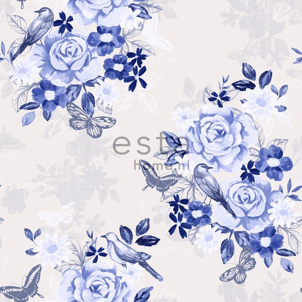 ESTAhome Tapete Blumen und Vögel Indigoblau - 53 cm x 10.05 m - 138124