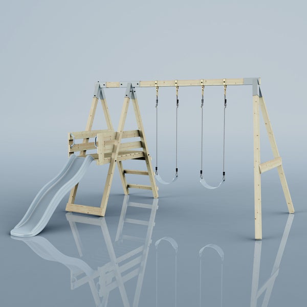 Kinderspielanlage aus Holz mit Doppelschaukel, Wellenrutsche, Plattform und Leiter.