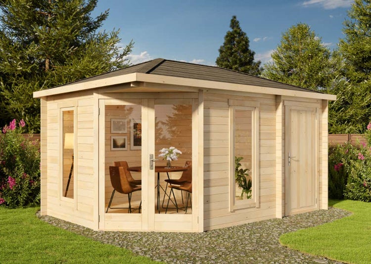 Alpholz 5-Eck Gartenhaus Liwa Compact mit Anbau aus Holz Gartenhütte Wandstärke: 28 mm Geräteschuppen