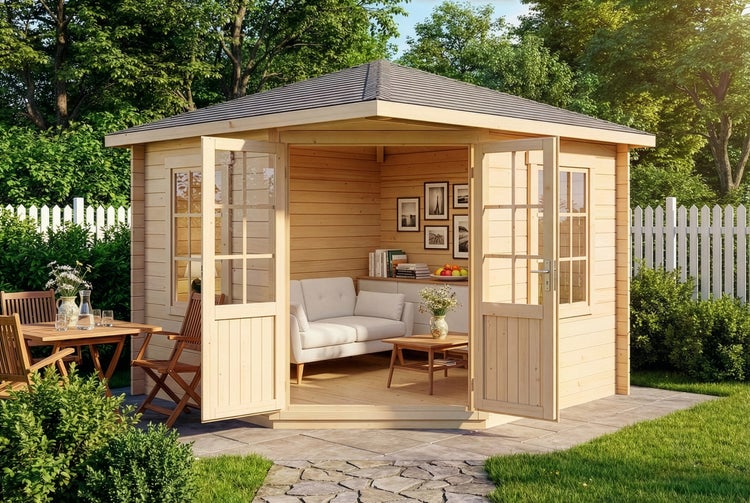 Holz Gartenhaus mit Möbeln im Garten