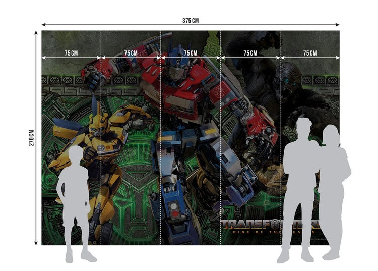 Fototapete mit Transformers Rise of the Beasts Motiv, Breite 375 Zentimeter, Höhe 270 Zentimeter, bestehend aus 5 Bahnen zu je 75 Zentimeter.