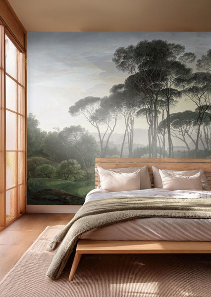 Schlafzimmer mit Landschaftstapete, Bett und Fenster