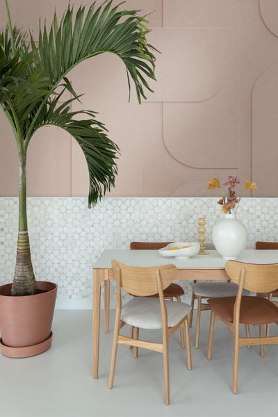 Helle Esszene mit Esstisch, Stühlen und Zimmerpflanze im Topf