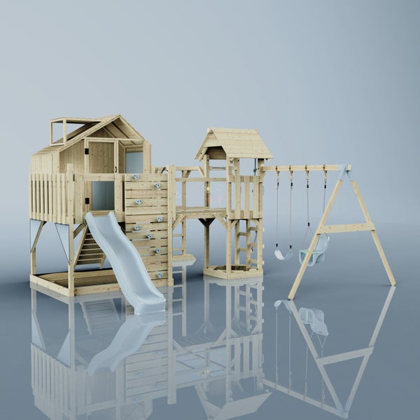 Holzspielplatz mit Rutsche, Kletterwand und Schaukel