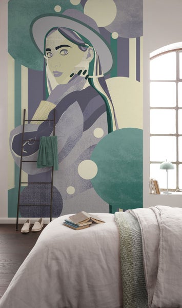 Dekorative Fototapete mit Frauengesicht, Leiter und Bett in einem Schlafzimmer.