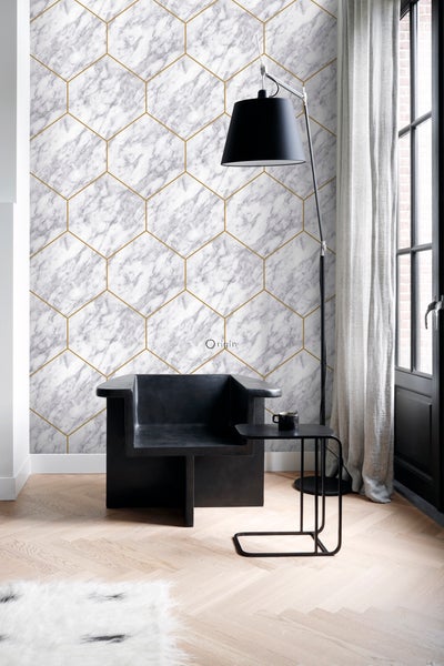 Origin Wallcoverings Tapete Wabenmuster mit Marmoreffekt Weiß, Grau und Gold - 50 x 900 cm - 347808