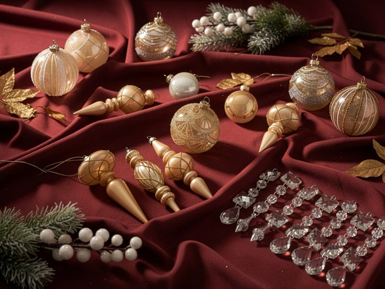 Christbaumschmuck in Gold und Creme mit gemusterten Kugeln, Zapfen, klaren Kristallanhängern und verschneiten Zweigen.