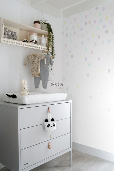 ESTAhome Fototapete Punktmuster Grau, Gelb, Lila, Hellrosa, Mintgrün, Blau und Orange - 250 x 279 cm - 158858
