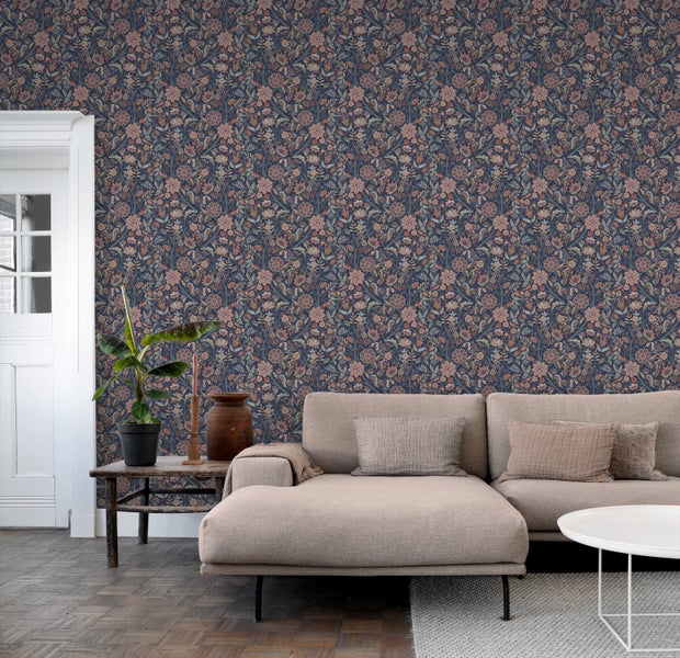 ESTAhome Tapete Blumenmuster Dunkelblau und Terrakottabraun - 50 x 900 cm - 131335