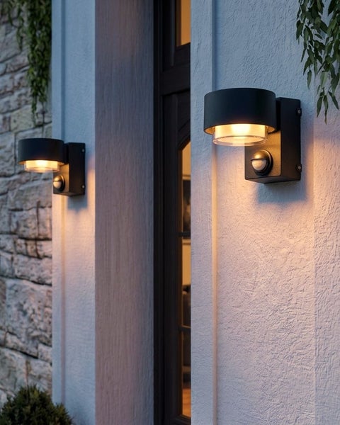 Zwei moderne schwarze Außenwandleuchten mit Bewegungsmelder an einer verputzten Wand montiert, die warmes Licht nach unten abgeben.