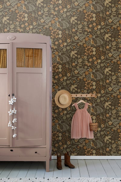 ESTAhome Tapete Blumen und Vögel Graugrün, Braun und Ockergelb - 50 x 900 cm - 131466