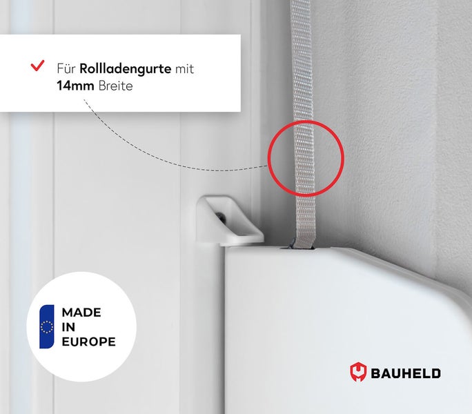 Bauheld Rolladengurtwickler für Rolladengurte mit 14 Millimeter Breite inklusive Montagehinweis und Herkunftsangabe Made in Europe.