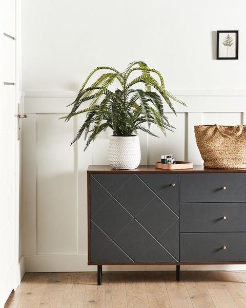 Szene mit einem Sideboard, einer Zimmerpflanze, einem Korb und dekorativen Gegenständen in einem hellen Raum.