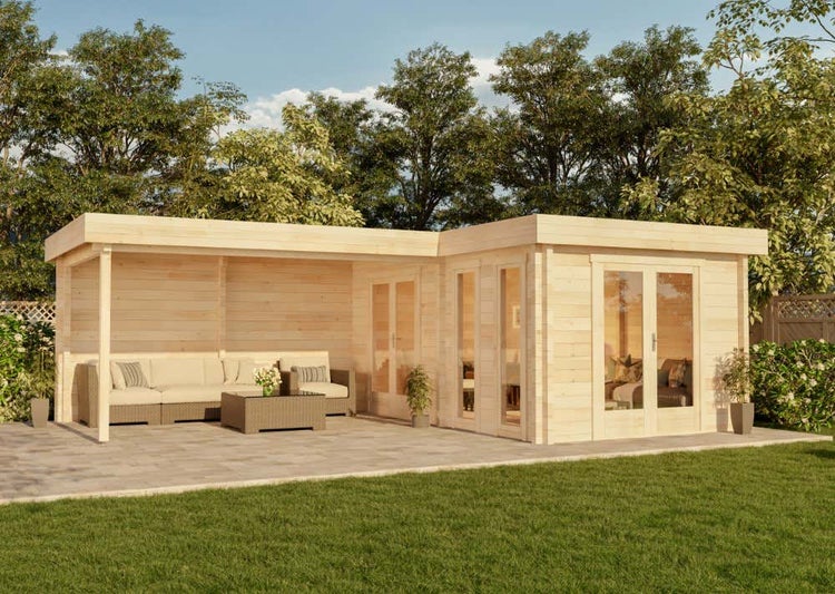 Alpholz Flachdach Gartenhaus Quinta ISO Gartenhaus aus Holz, Holzhaus mit 44 mm Wandstärke inklusive Schleppdach FSC zertifiziert, Blockbohlenhaus mit Montagematerial, Naturbelassen 7x5m