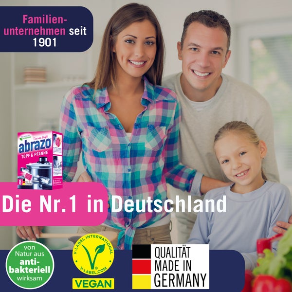 Werbebild für Abrazo Reinigungskissen, Nummer eins in Deutschland, mit lächelnder Familie, Vegan-Siegel und Qualität aus Deutschland.