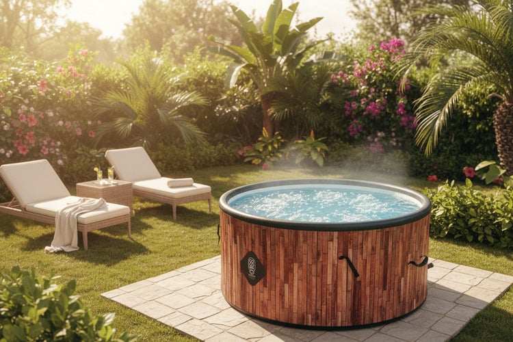 Aufblasbarer Whirlpool mit Holzoptik-Verkleidung in einem sonnigen Garten mit Liegestühlen und tropischen Pflanzen.