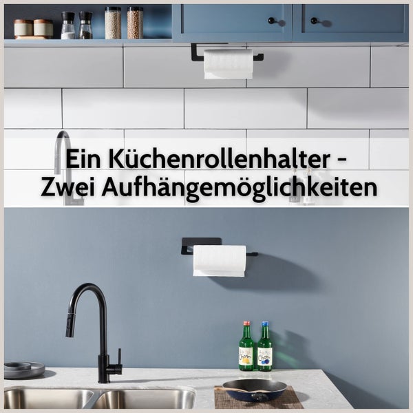 Schwarzer Küchenrollenhalter aus Metall zur Montage unter dem Küchenschrank mit einer Rolle Küchenpapier in einer organisierten Küche.