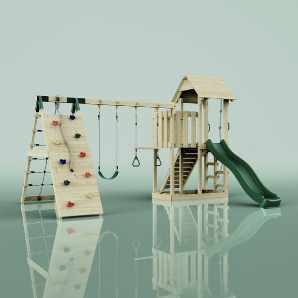 Holzspielplatz mit Kletterwand, Schaukeln, Turnringen, Spielturm mit Rutsche für den Außenbereich