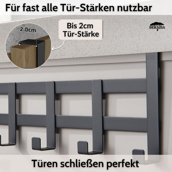 Schwarze Türhakenleiste aus Metall, geeignet für Türstärken bis zu 2 Zentimeter. Dekazia Logo.