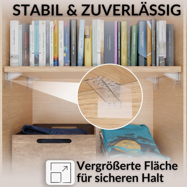 Transparenter Regalbodenträger unter einem Holzregal mit Büchern, vergrößerte Auflagefläche für einen stabilen und zuverlässigen Halt.