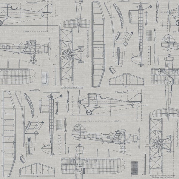 ESTAhome Tapete Kontruktionszeichnungen von Flugzeugen Taupe und Graublau - 53 cm x 10.05 m - 139960