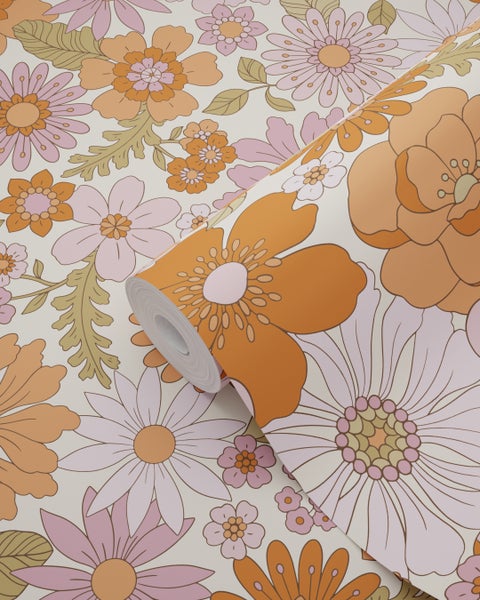 ESTAhome Tapete Retro Blumen Lila und Orange - 53 cm x 10.05 m - 130961