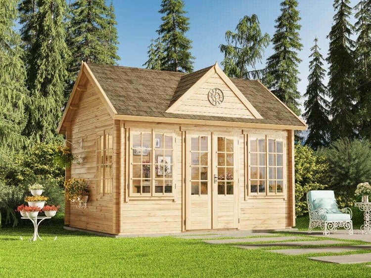 Alpholz Gartenhaus CLOCKHOUSE® 44 Royal ISO Gartenhaus aus Holz Holzhaus mit 44 mm Wandstärke, Blockbohlenhaus mit Montagematerial imprägniert 4,24,4xx3,23,5m m