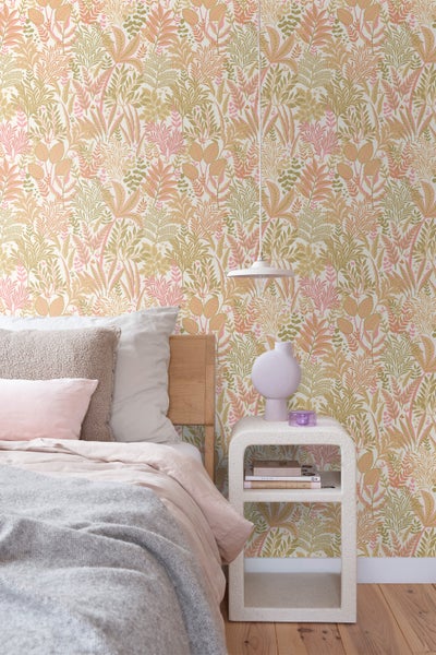 ESTAhome Tapete tropische Blätter und Blüten Grün und Rosa - 50 x 900 cm - 131665