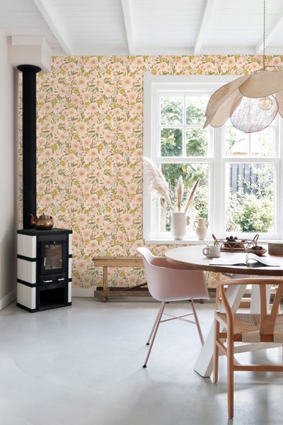 ESTAhome Tapete Blumen Hellrosa, Ockergelb und Graugrün - 50 x 900 cm - 130924