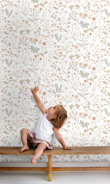ESTAhome Tapete Feldblumen Grün und Terrakottarosa - 53 cm x 10.05 m - 139514