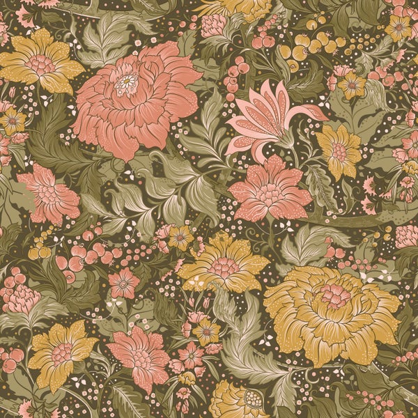 ESTAhome Tapete Blumenmuster Olivgrün, Rosa und Ockergelb - 50 x 900 cm - 131197