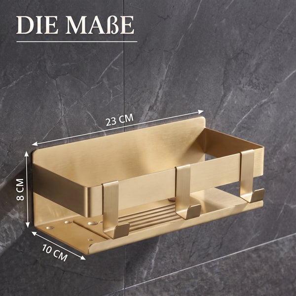 Duschregal aus Metall in Goldoptik mit drei Haken. Maße: Breite 23 Zentimeter, Höhe 8 Zentimeter, Tiefe 10 Zentimeter.