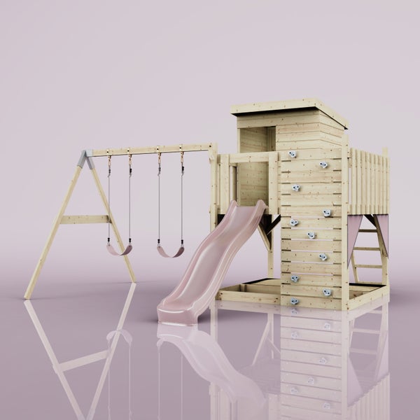 Spielturm aus Holz mit Spielhaus, Rutsche, Kletterwand und Doppelschaukel.