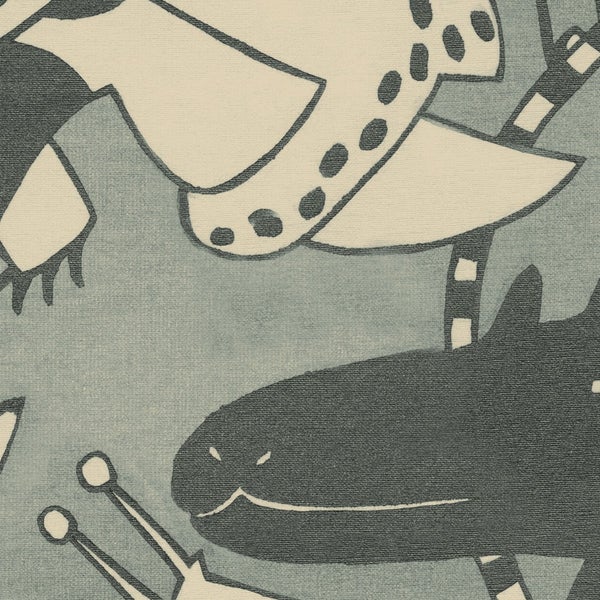 Nahaufnahme eines Textildesigns mit stilisierten Tierdarstellungen.