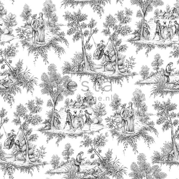 ESTAhome Tapete Toile de Jouy Schwarz - 53 cm x 10.05 m - 136820