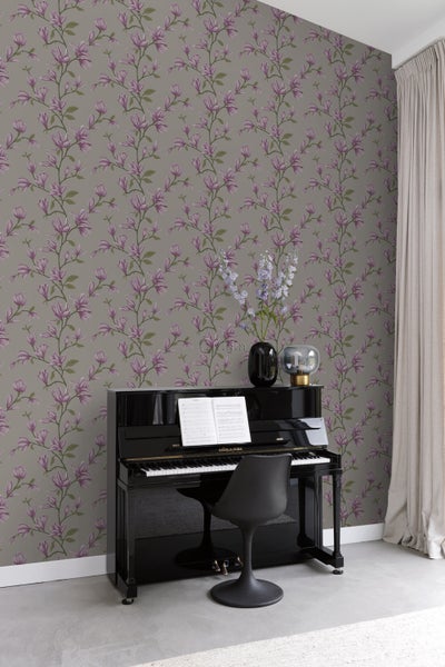Origin Wallcoverings Tapete Magnolie Taupe und Aubergineviolett - 53 cm x 10.05 m - 347052