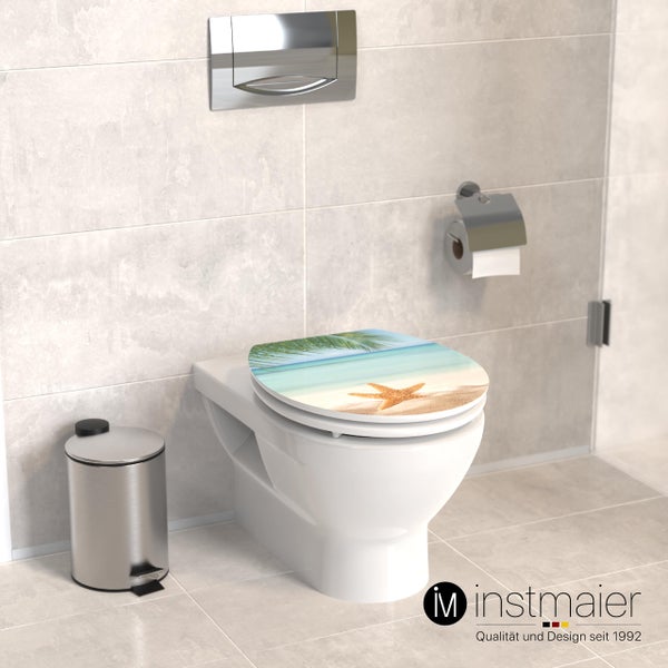 instmaier WC Sitz WC10M | FSC zertifiziertes Holz | Toilettendeckel mit Absenkautomatik | Klobrille Motiv - Seestern am Strand | Oval | Nachhaltig | MDF-Holzkern