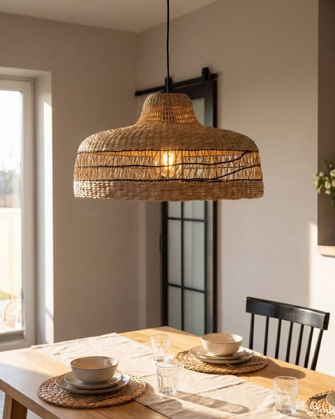 Pendelleuchte mit einem Schirm aus geflochtenem Rattan über einem gedeckten Holztisch in einem hellen Esszimmer im rustikalen Stil.