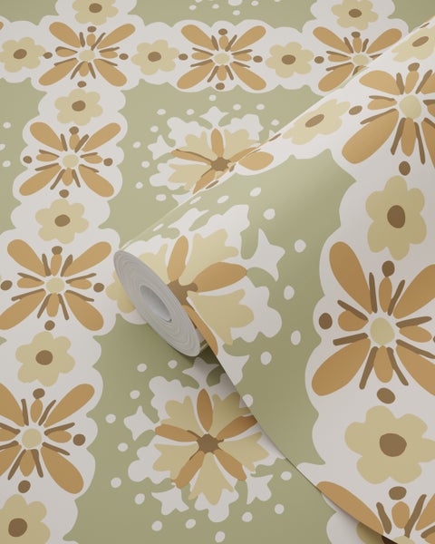 ESTAhome Tapete Blumenmuster Grün und Terrakotta - 50 x 900 cm - 131504