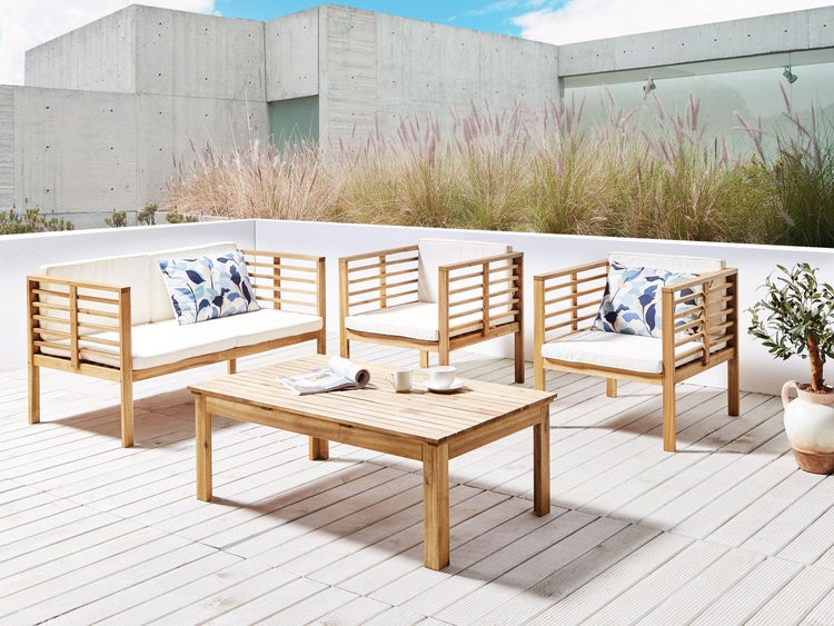Lounge Set mit Tisch 4-Sitzer PACIFIC Akazienholz Cremeweiß